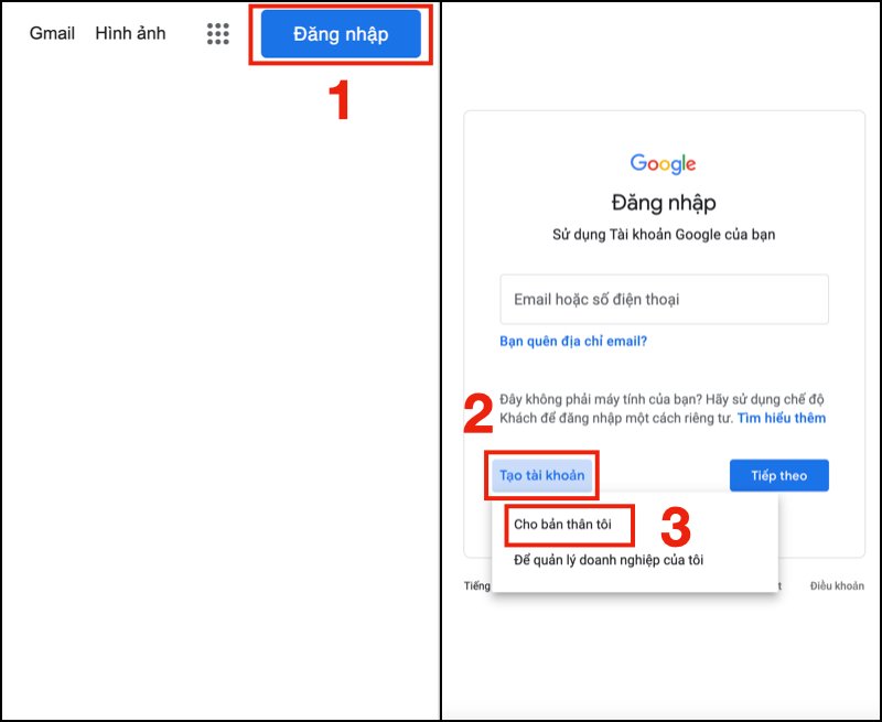 Vào trình duyệt Google Chrome để đăng nhập vào Google -> Ấn Đăng nhập -> Chọn Tạo tài khoản -> Bấm vào Cho bản thân tôi.