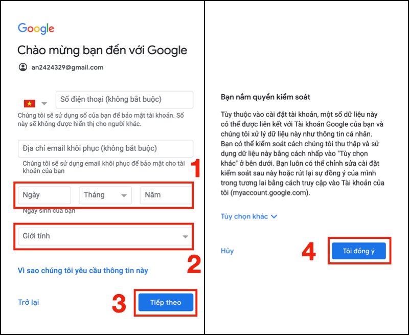 Điền các thông tin như Ngày sinh, Giới tính -> Bấm Tiếp theo -> Ấn Tôi đồng ý là hoàn thành quá trình.